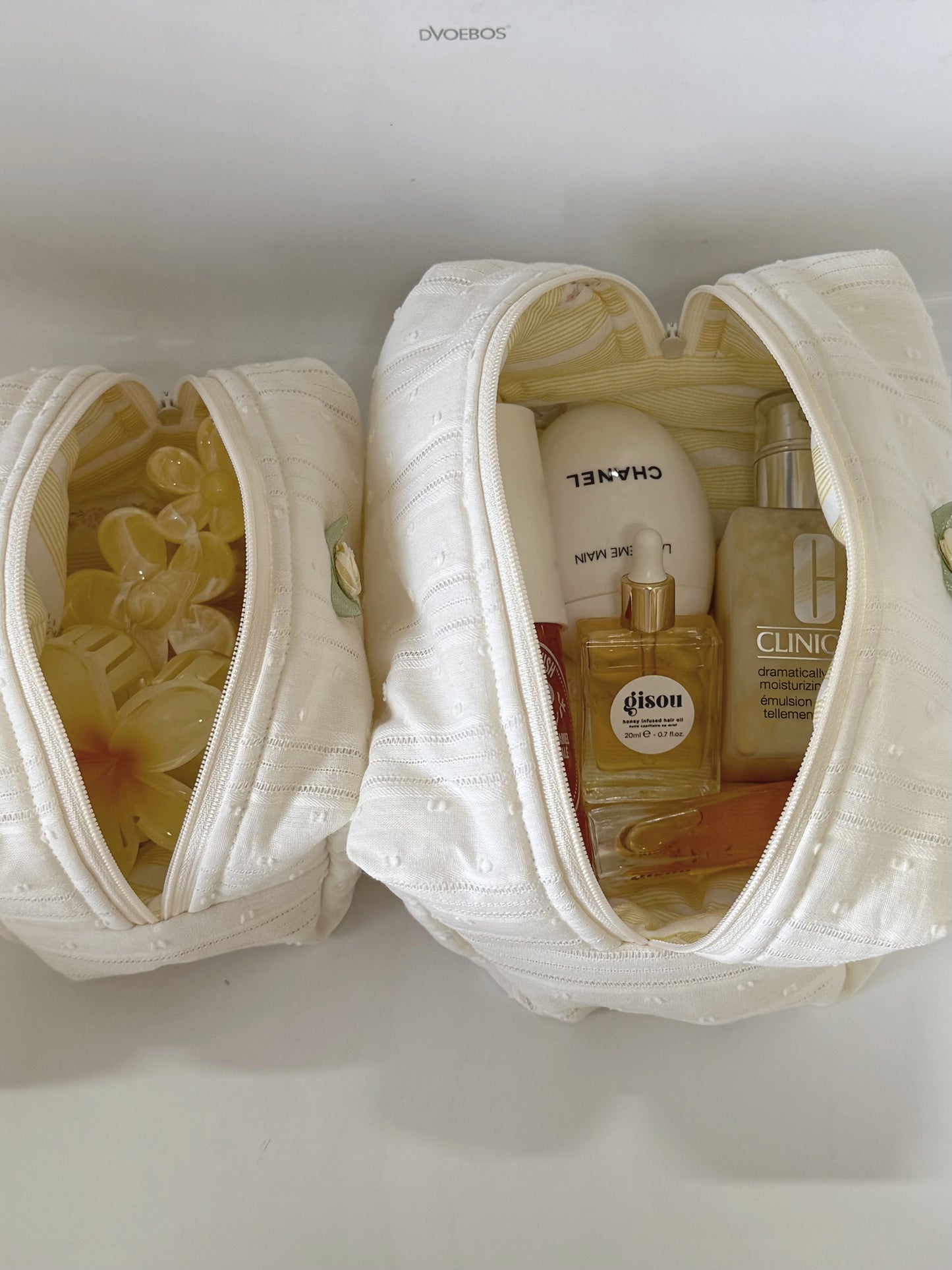 Beige lace makeup pouch in a cozy everyday moment, Colorcarry