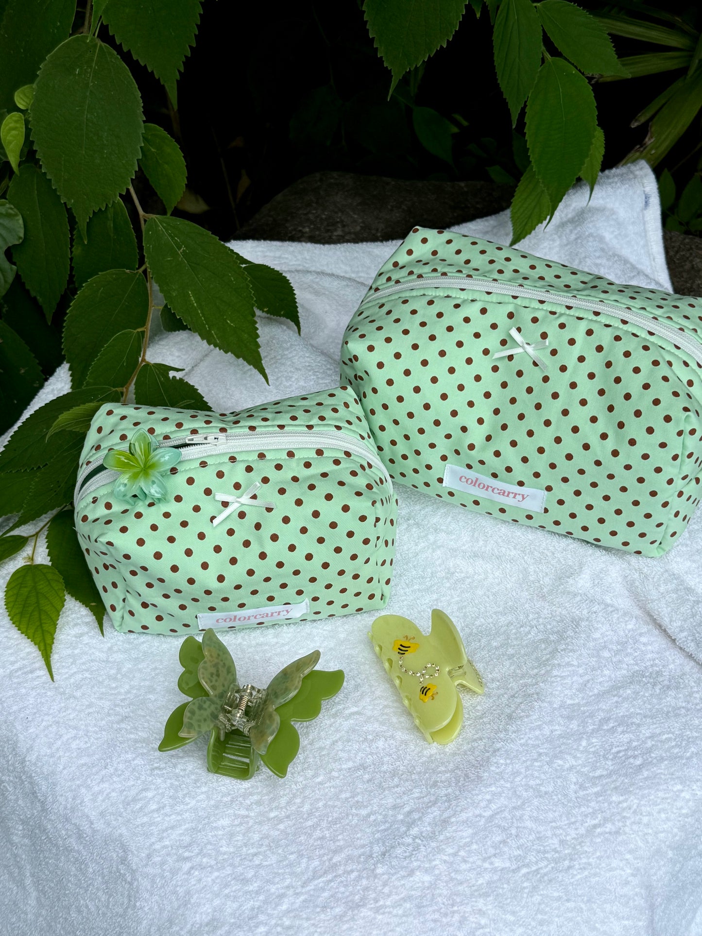 Soft cotton mint dot makeup pouch in a relaxed lifestyle scene, Colorcarry