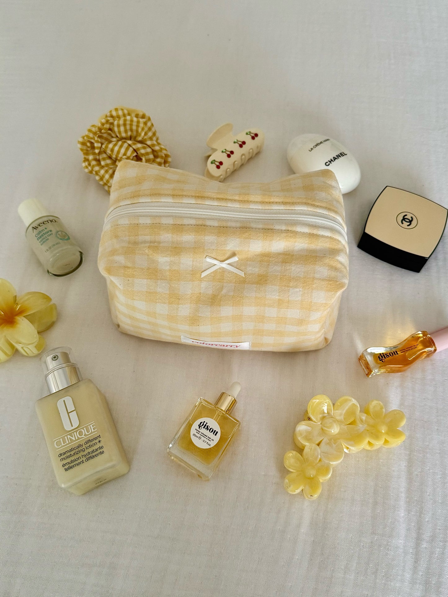 Gingham Cotton Makeup Pouch in yellow for daily routine, Colorcarry