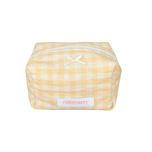 Gingham Cotton Makeup Pouch in yellow, small size with gingham pattern, Colorcarry