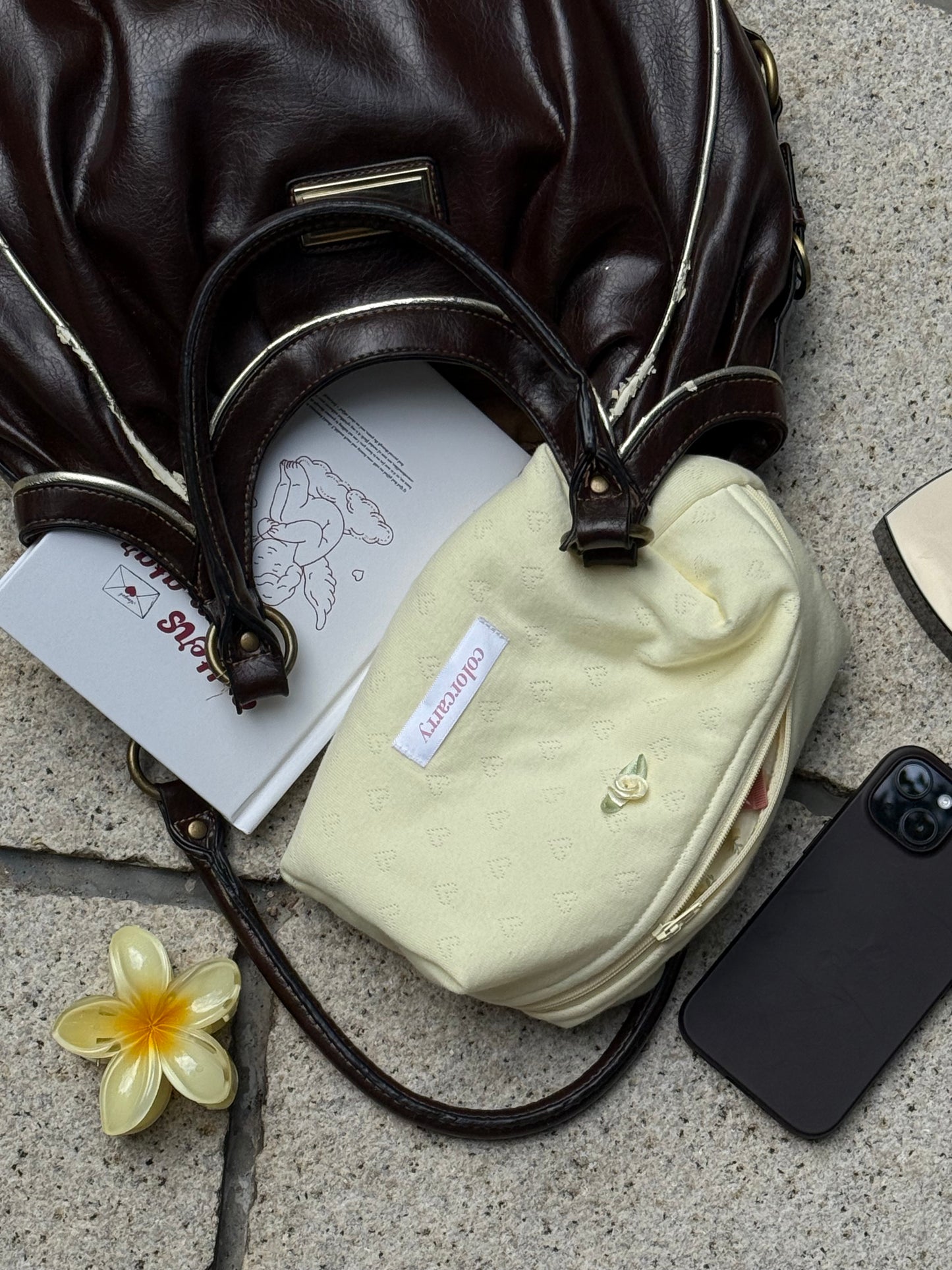 Butter Angle yellow Knit Heart Makeup Pouch, soft rib-knit material, compact and portable, Colorcarry