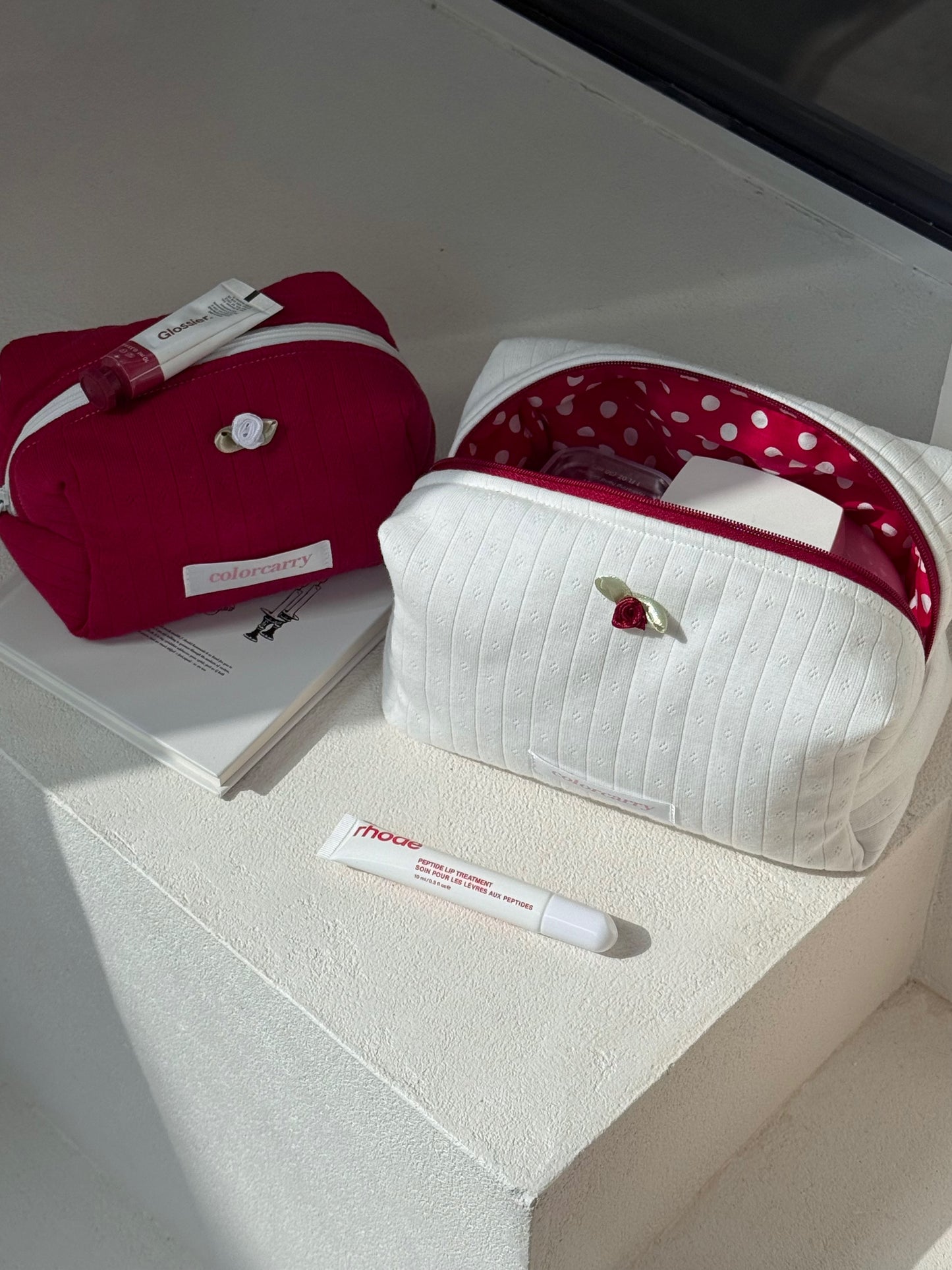 Soft Rib Knit Makeup Pouch in deep red, used for daily makeup essentials, Colorcarry