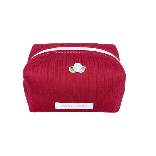 Soft Rib Knit Makeup Pouch in deep red, small size, rib-knit texture, Colorcarry