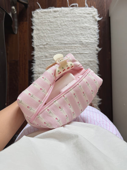 Pink satin floral pouch in a casual, cozy moment, Colorcarry