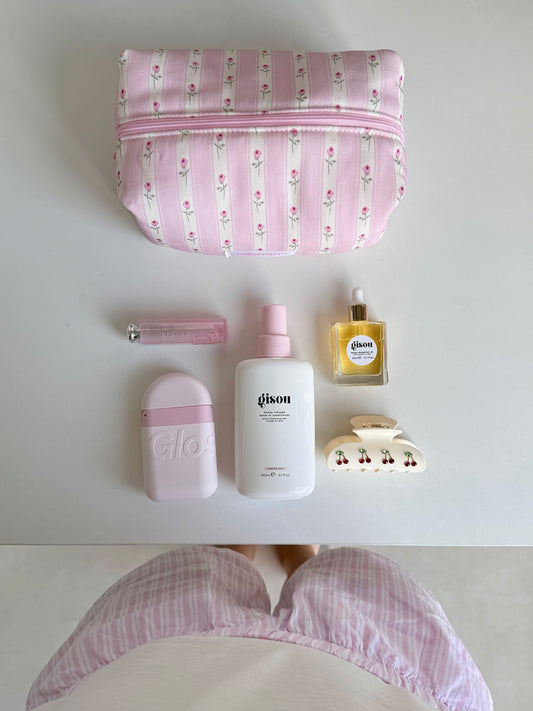 Pink satin floral makeup pouch in a cozy everyday moment, Colorcarry