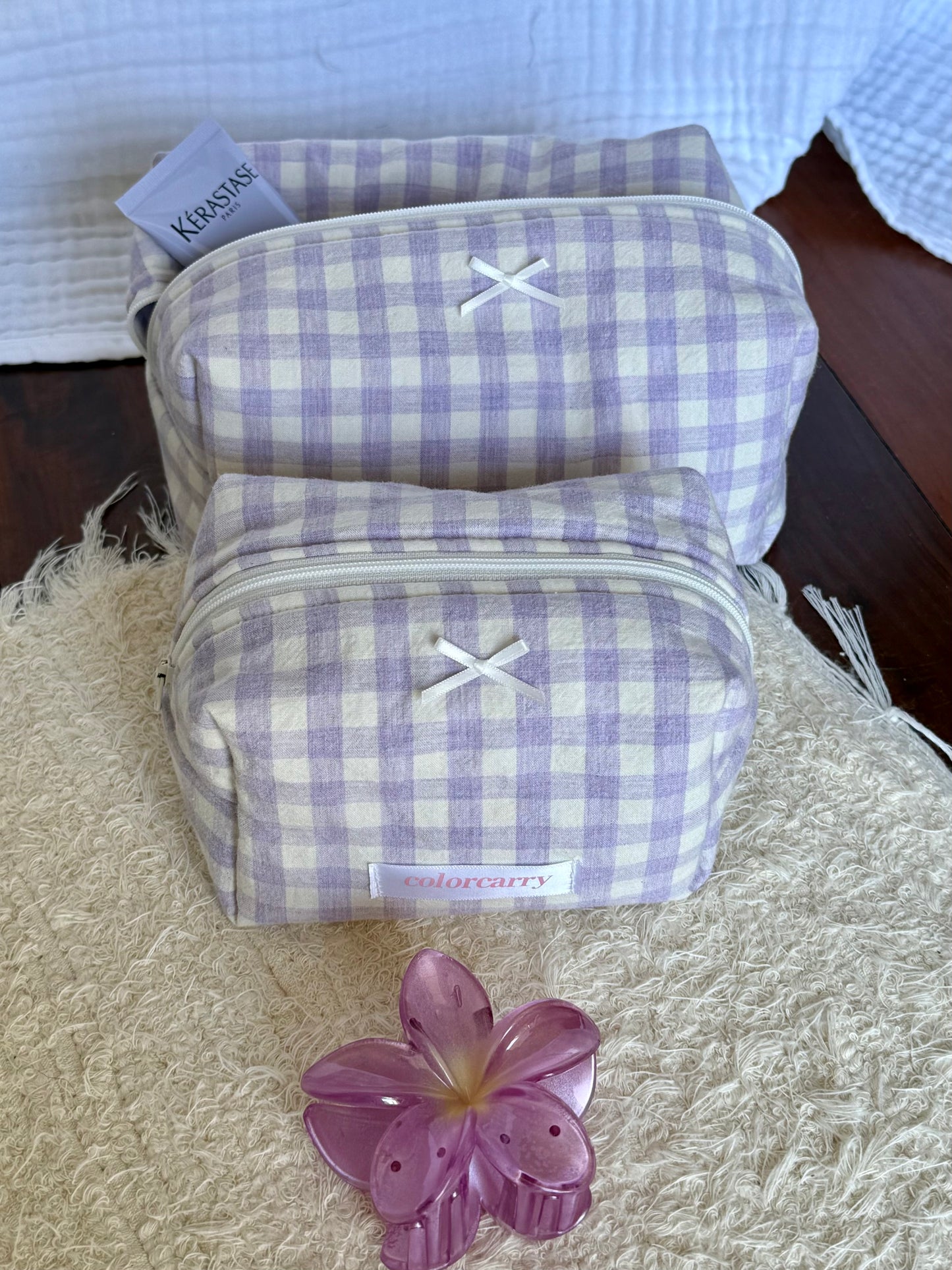 Gingham cotton makeup bag in a warm and relaxed atmosphere