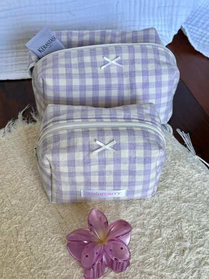 Gingham cotton makeup bag in a warm and relaxed atmosphere