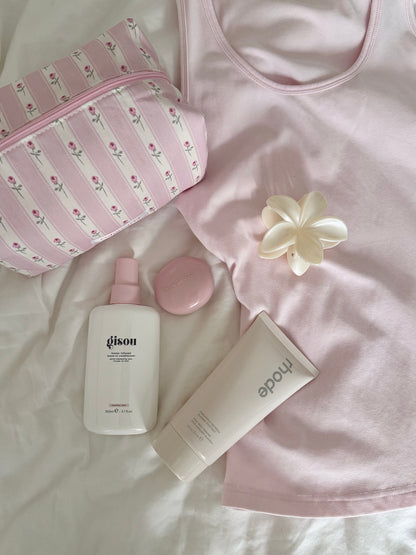 A light pink satin makeup bag with flowers, ready for daily essentials, Colorcarry