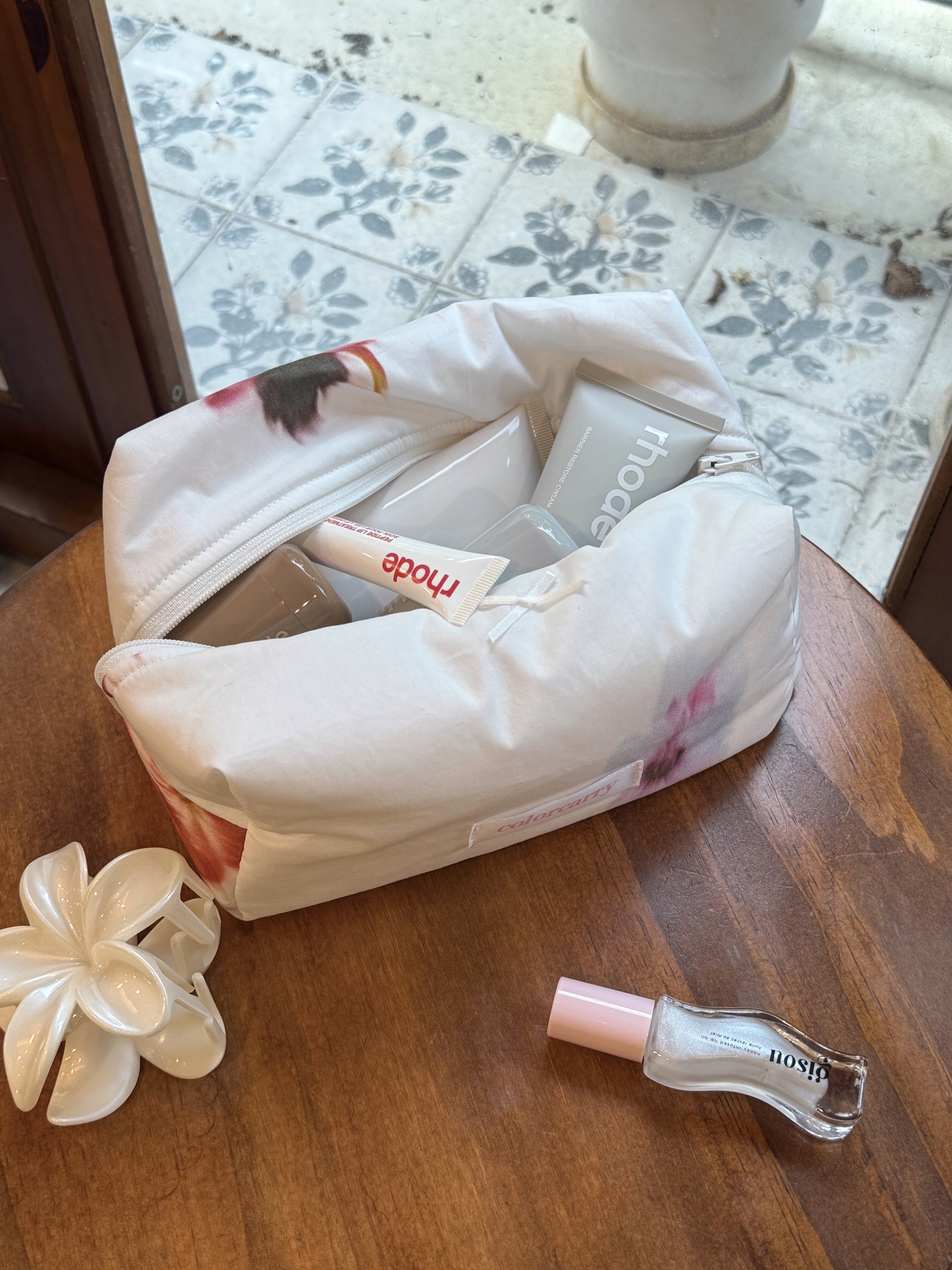 Soft Bloom Cotton Makeup Pouch in soft cloud color, featuring its one-of-a-kind floral design, Colorcarry