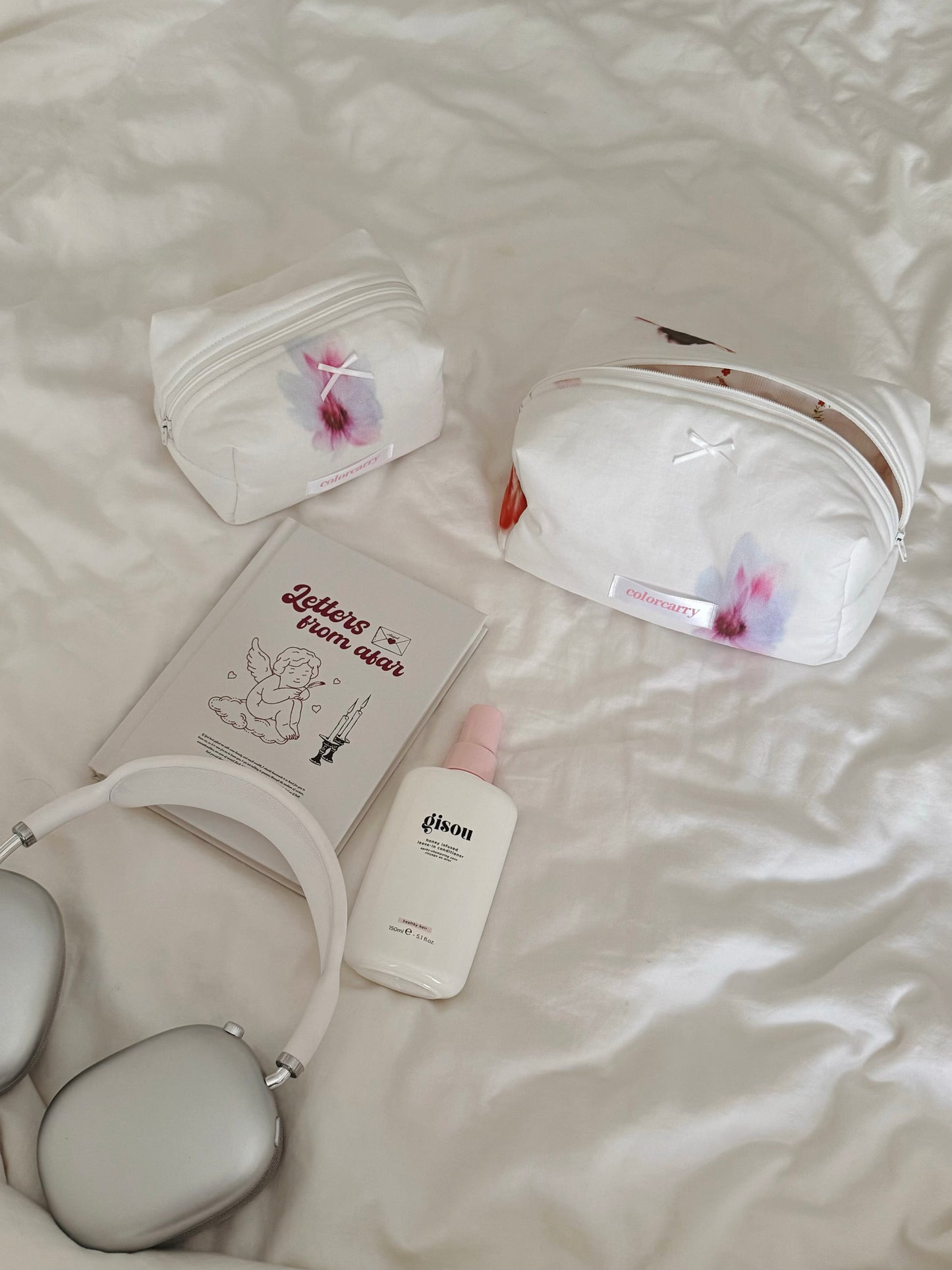 Soft Bloom Cotton Makeup Pouch in soft cloud color with unique floral pattern, Colorcarry