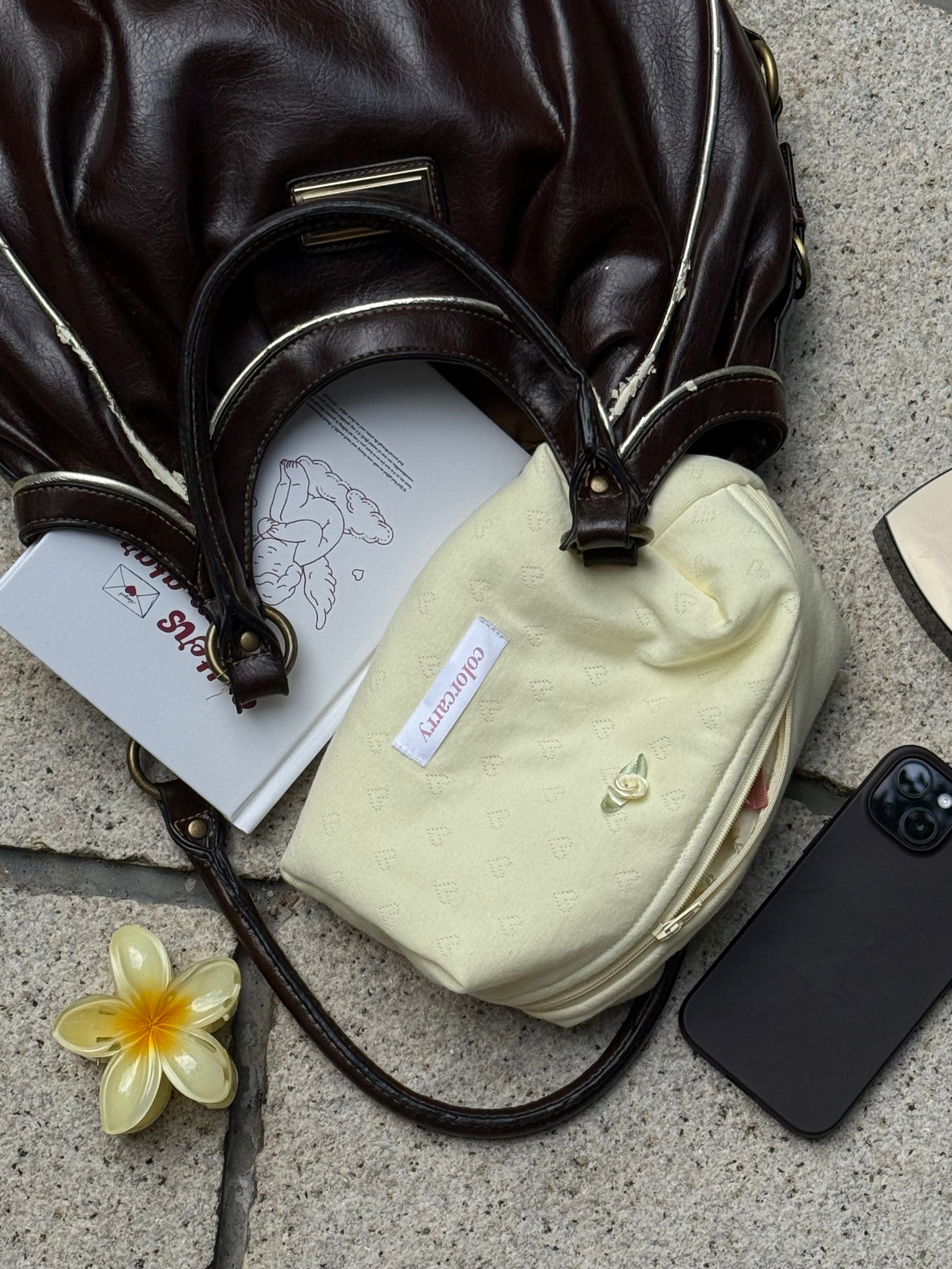 Butter Angle yellow Knit Heart Makeup Pouch, soft rib-knit material, compact and portable, Colorcarry