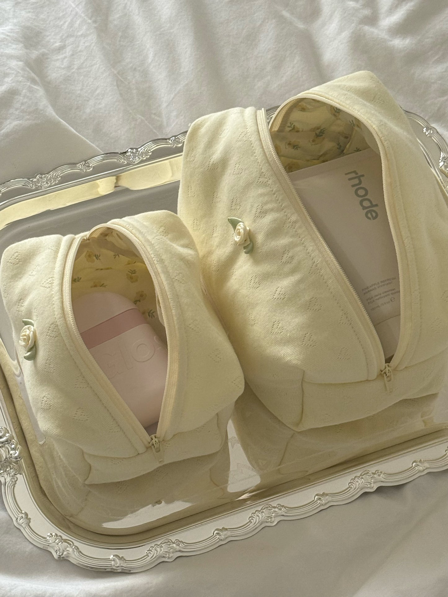 Knit Heart Makeup Pouch Butter Angle yellow, showing pouch opening and interior space, Colorcarry