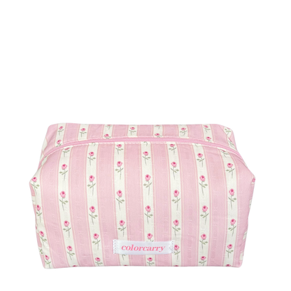 Pink satin floral makeup pouch, large size, Colorcarry