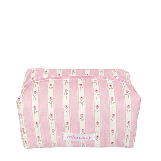 Pink satin floral makeup pouch, large size, Colorcarry