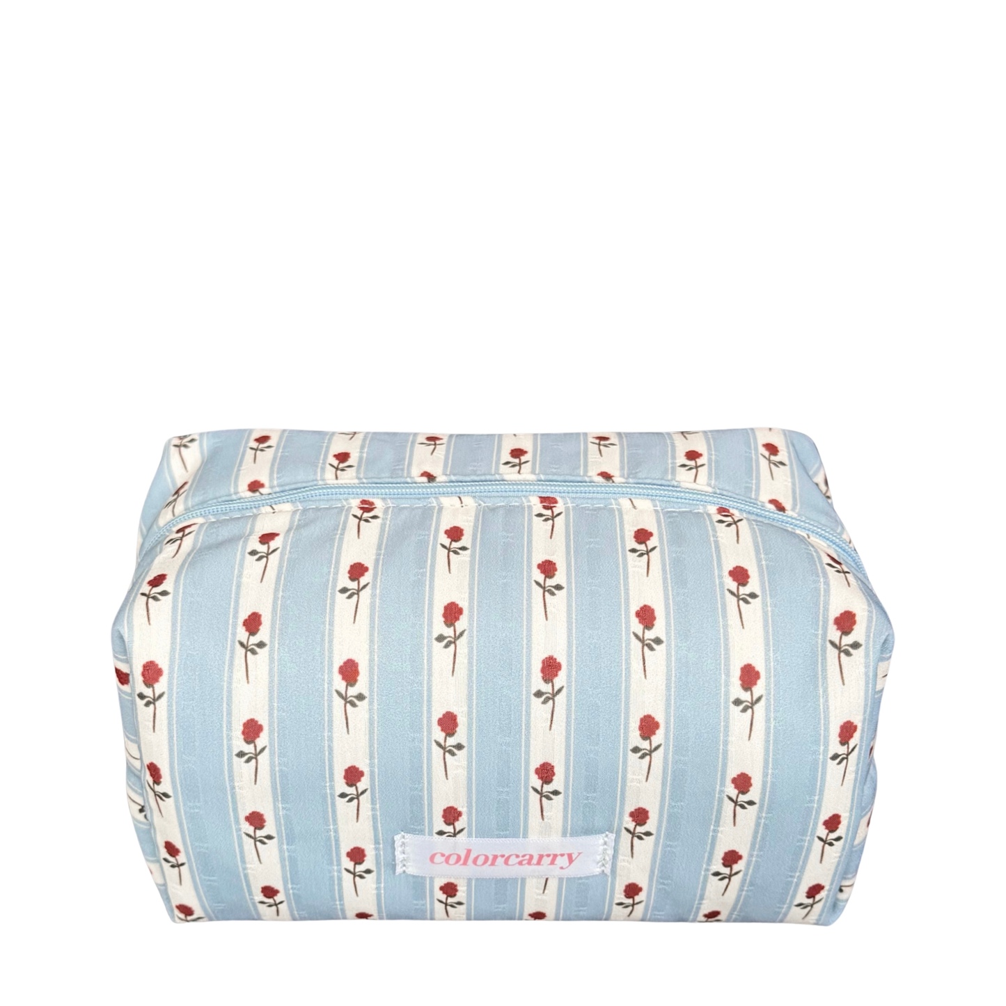Soft blue satin pouch with delicate rose stripes, perfect for carrying your everyday essentials, Colorcarry
