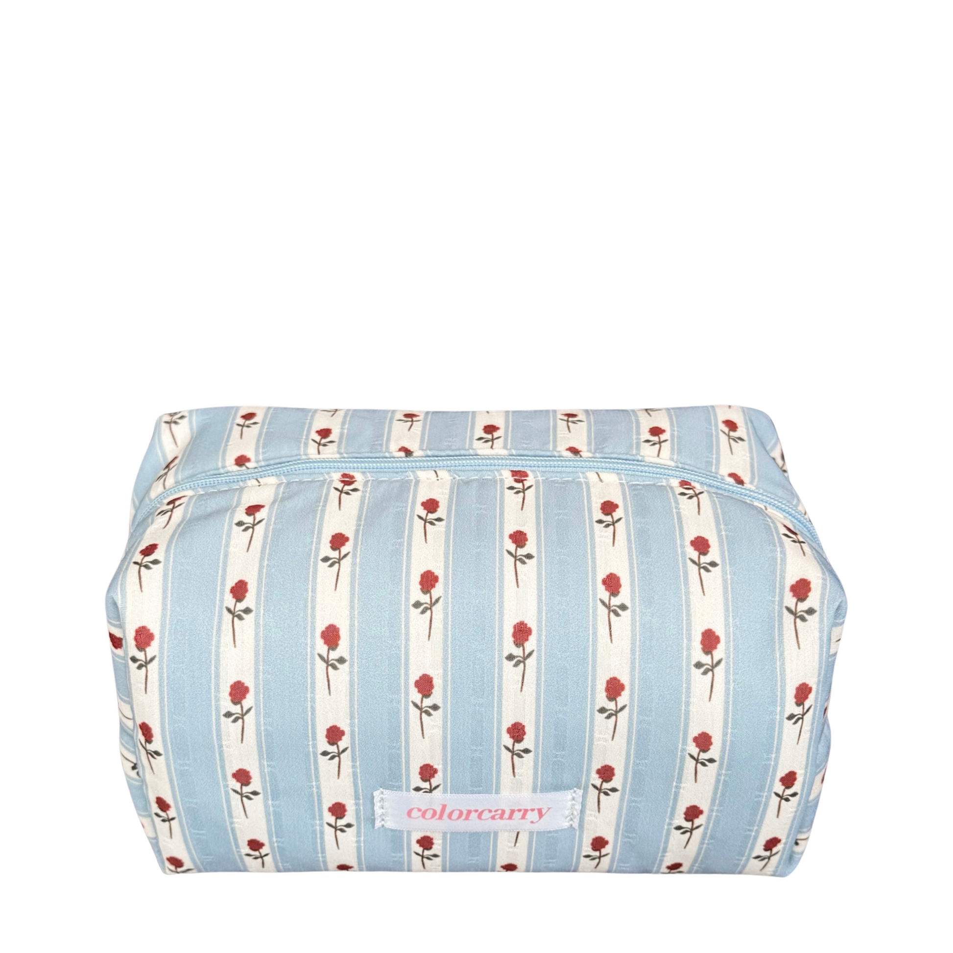 Soft blue satin pouch with delicate rose stripes, perfect for carrying your everyday essentials, Colorcarry