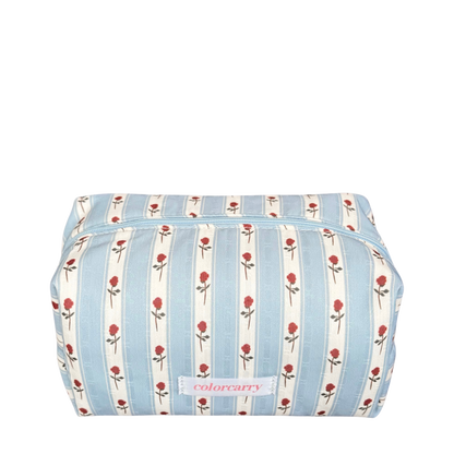 Soft blue satin pouch with delicate rose stripes, perfect for carrying your everyday essentials, Colorcarry