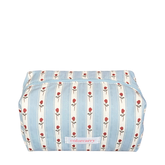 Soft blue satin pouch with delicate rose stripes, perfect for carrying your everyday essentials, Colorcarry