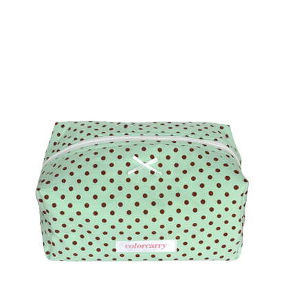 Large mint green makeup pouch with brown polka dots, Colorcarry