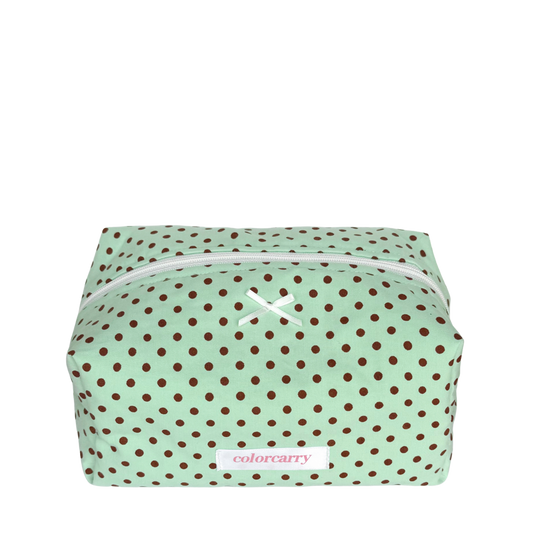 Large mint green makeup pouch with brown polka dots, Colorcarry