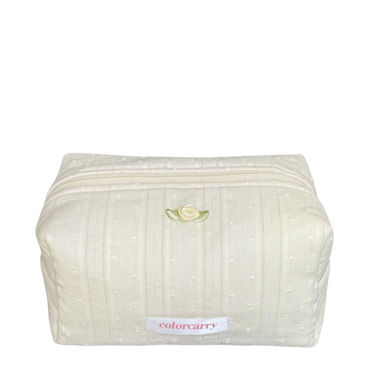 Beige lace cotton makeup pouch with jacquard design, large size, Colorcarry