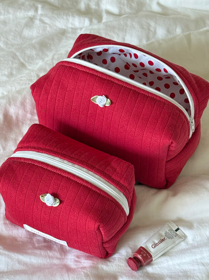 Red Soft Rib Knit Makeup Pouch for daily use, holding makeup and small essentials, Colorcarry
