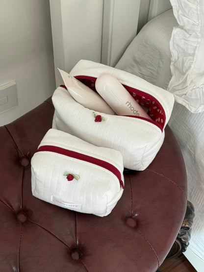 Soft Rib Knit Makeup Pouch in white, used for daily makeup essentials, Colorcarry