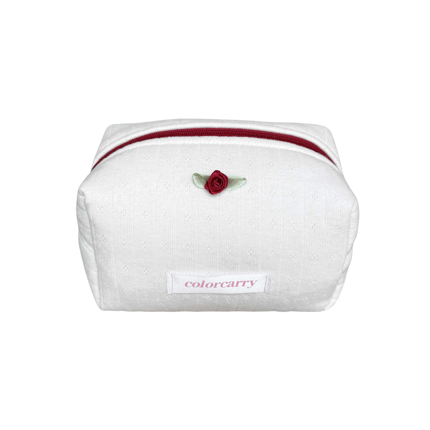 Soft Rib Knit Makeup Pouch in white, small size, rib-knit texture with burgundy zipper and rose detail, Colorcarry