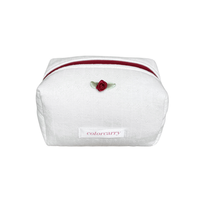 Soft Rib Knit Makeup Pouch in white, small size, rib-knit texture with burgundy zipper and rose detail, Colorcarry