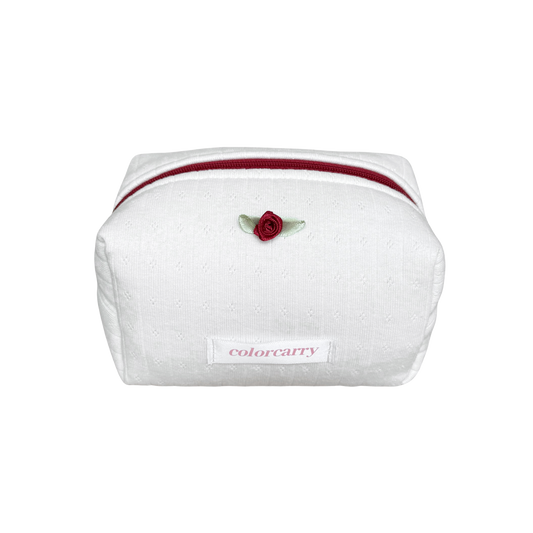 Soft Rib Knit Makeup Pouch in white, small size, rib-knit texture with burgundy zipper and rose detail, Colorcarry