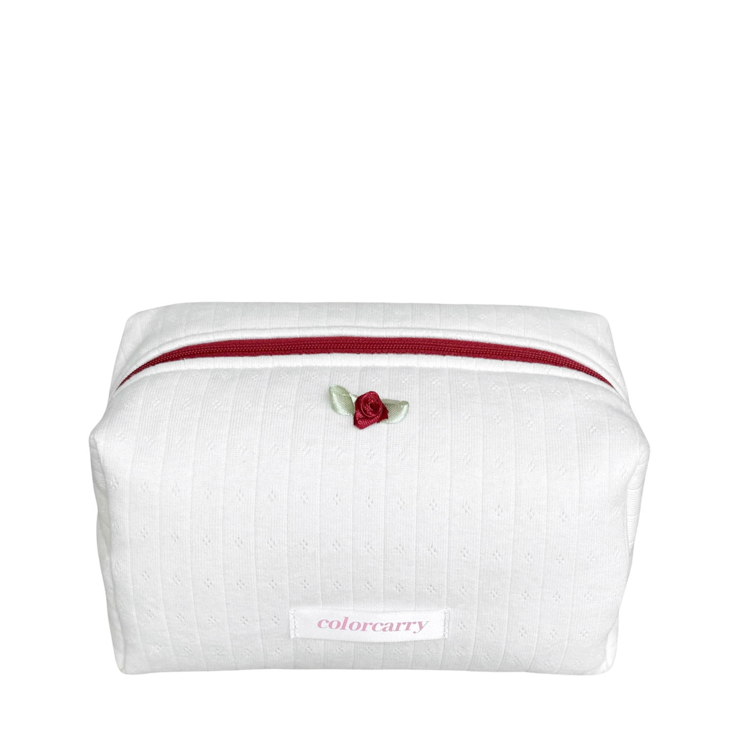 Soft Rib Knit Makeup Pouch in clean white, rib-knit texture, burgundy zipper and rose detail, Colorcarry