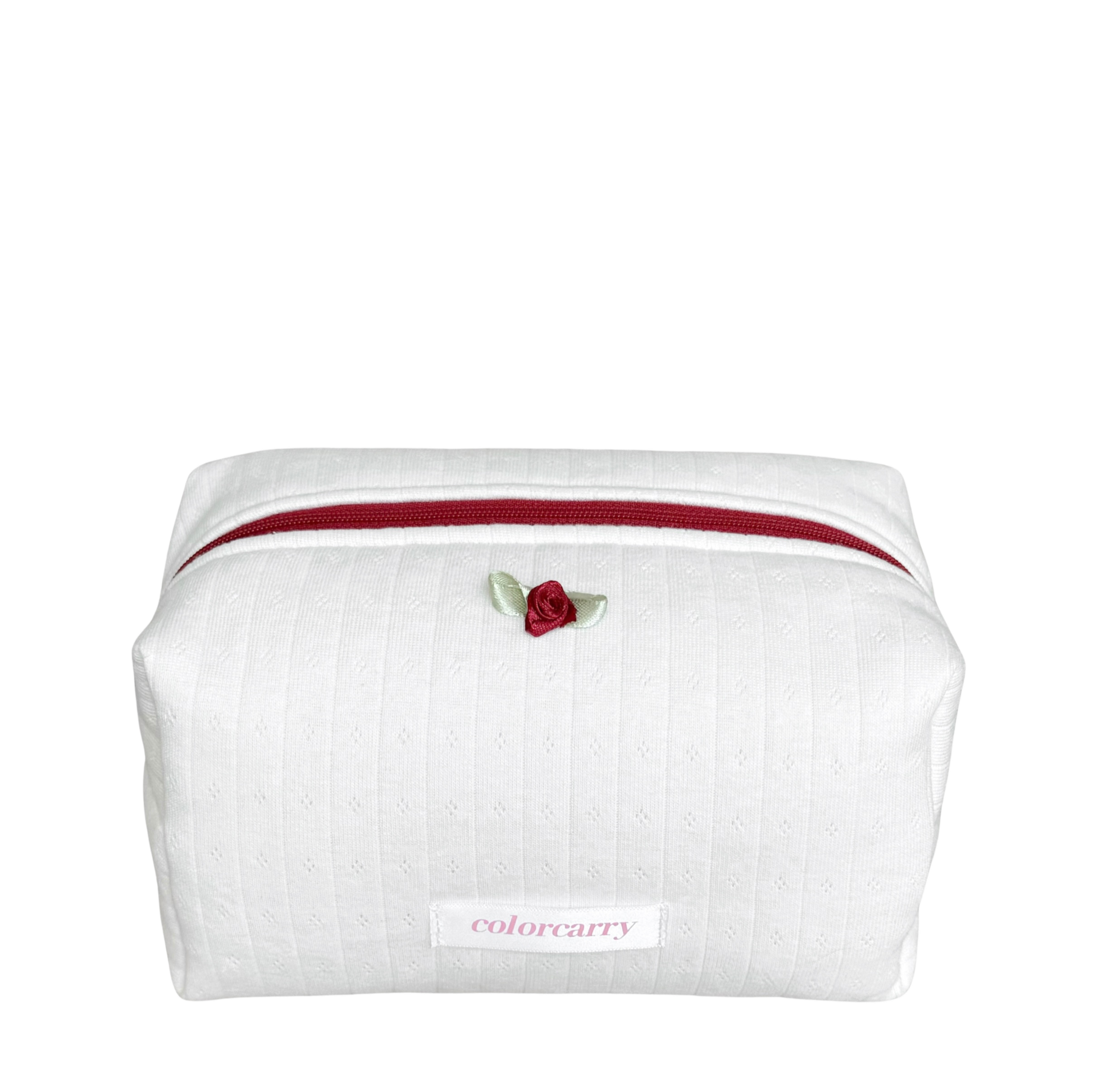 Soft Rib Knit Makeup Pouch in clean white, rib-knit texture, burgundy zipper and rose detail, Colorcarry