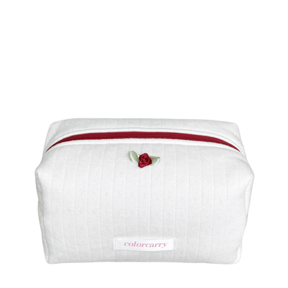 Soft Rib Knit Makeup Pouch in clean white, rib-knit texture, burgundy zipper and rose detail, Colorcarry
