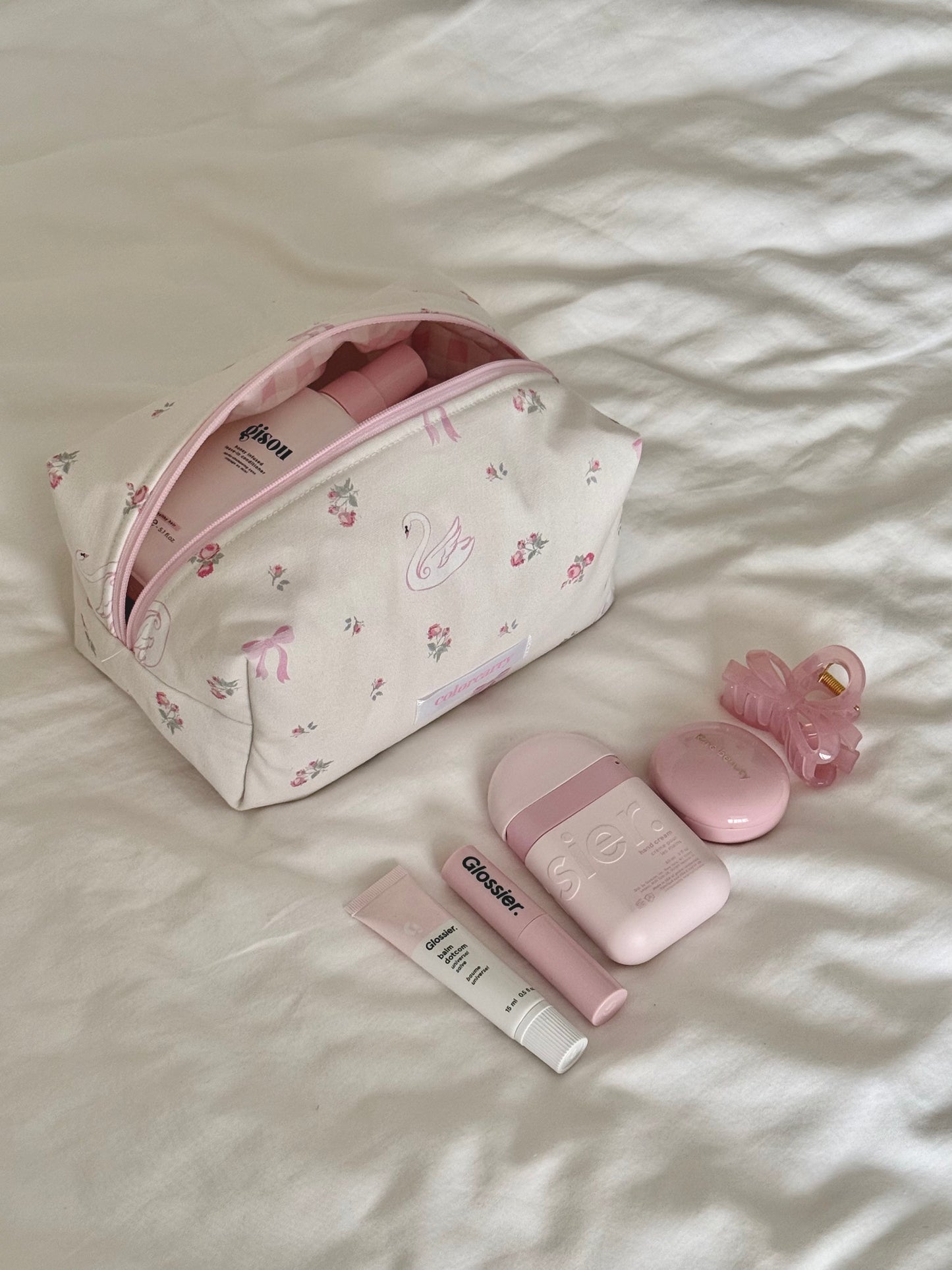 Pink Swan Canvas Pouch, holding daily makeup and small essentials, Colorcarry