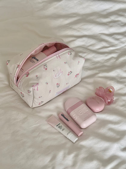 Pink Swan Canvas Pouch, holding daily makeup and small essentials, Colorcarry