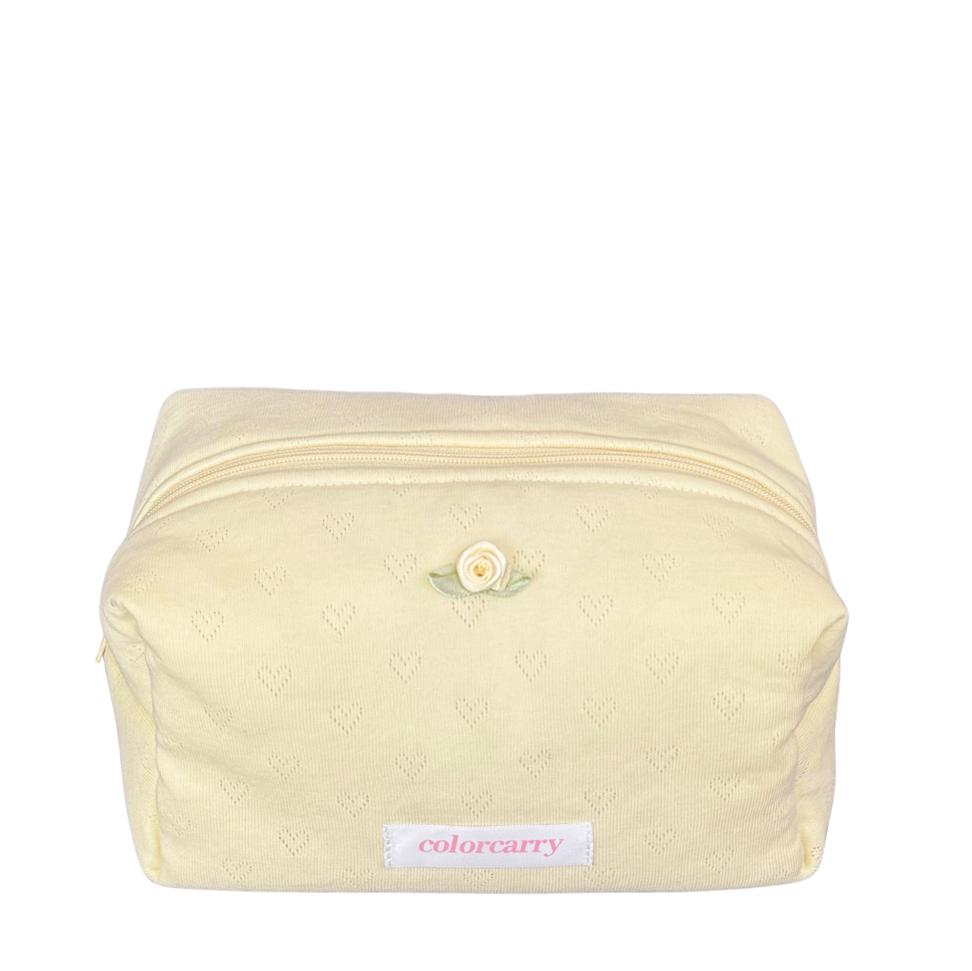 Knit Heart Makeup Pouch Butter Angle yellow, rib-knit texture, small heart detail, Colorcarry