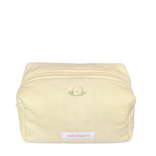 Knit Heart Makeup Pouch Butter Angle yellow, rib-knit texture, small heart detail, Colorcarry