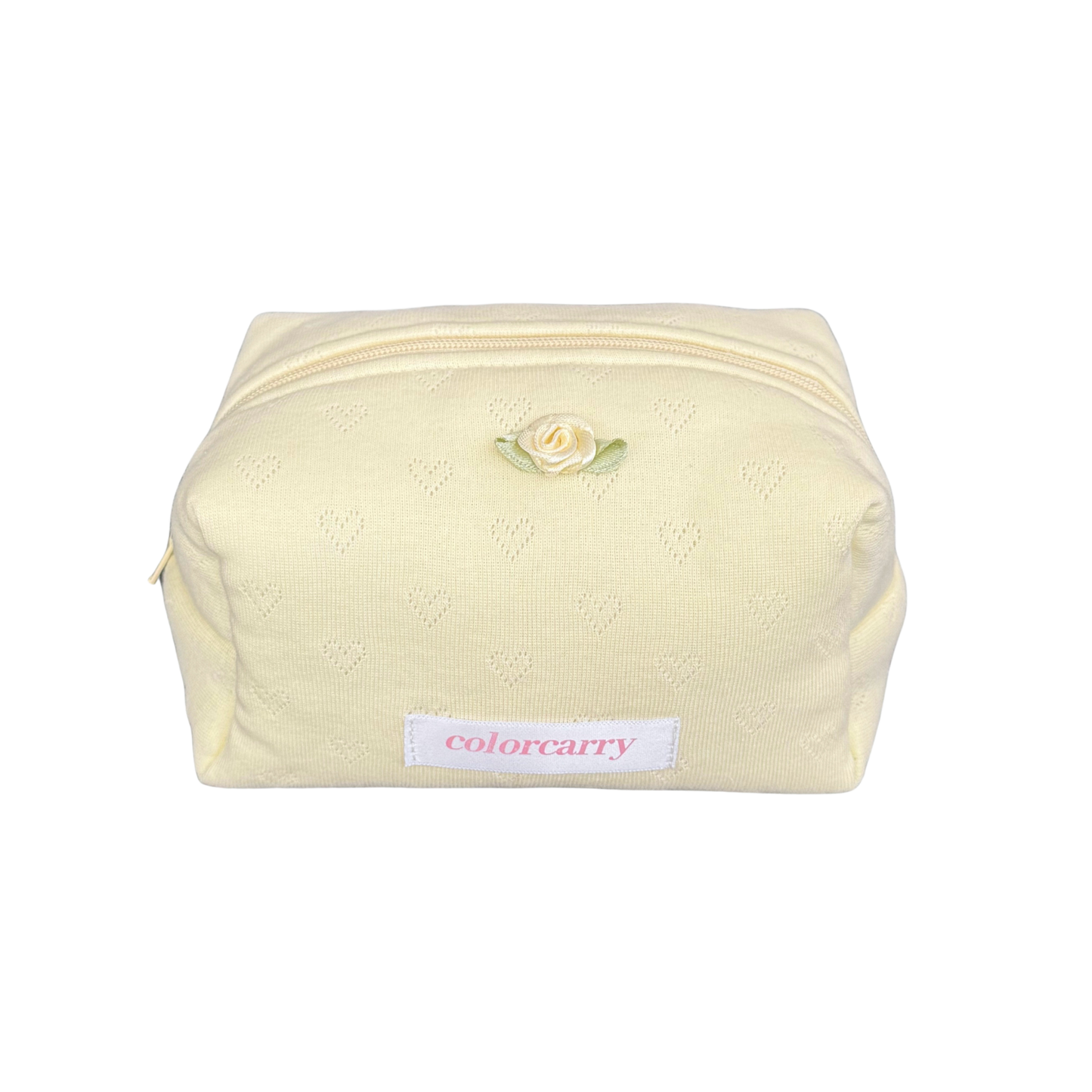 Knit Heart Makeup Pouch Butter Angle yellow, rib-knit fabric, lightweight and soft, Colorcarry