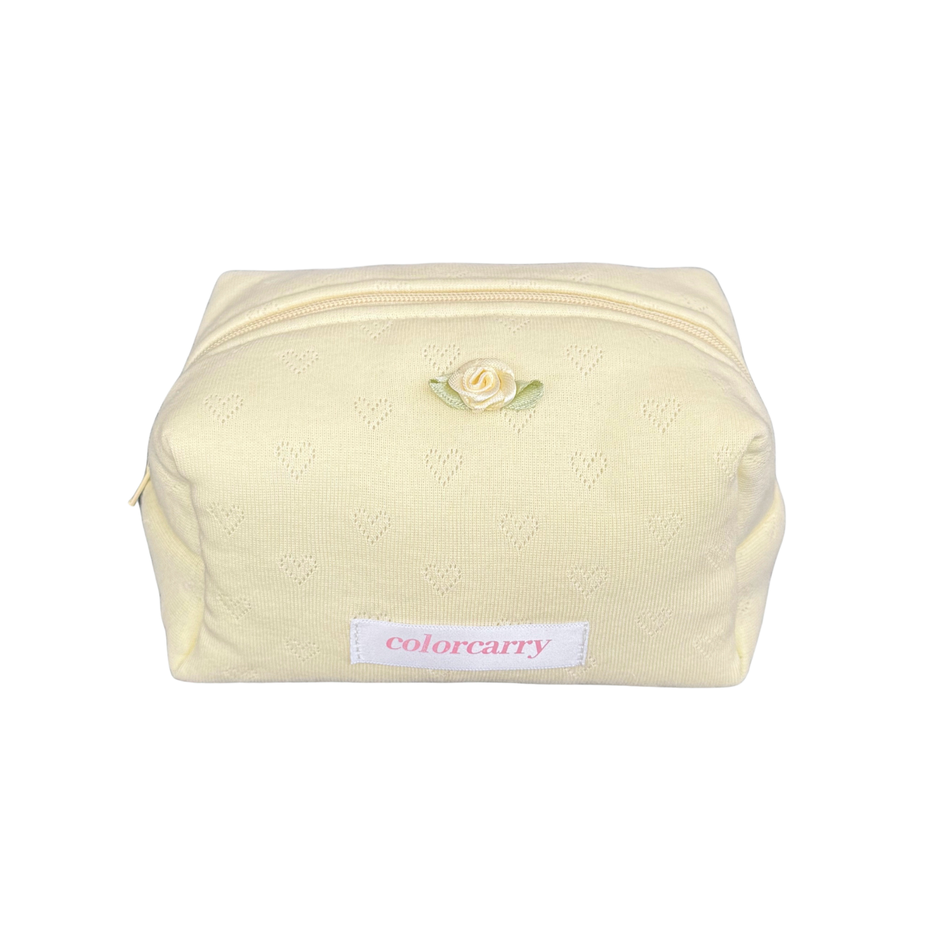 Knit Heart Makeup Pouch Butter Angle yellow, rib-knit fabric, lightweight and soft, Colorcarry