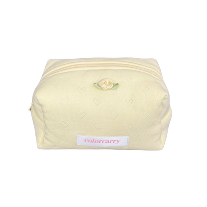 Knit Heart Makeup Pouch Butter Angle yellow, rib-knit fabric, lightweight and soft, Colorcarry