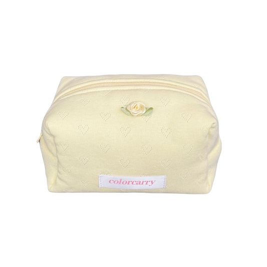 Knit Heart Makeup Pouch Butter Angle yellow, rib-knit fabric, lightweight and soft, Colorcarry