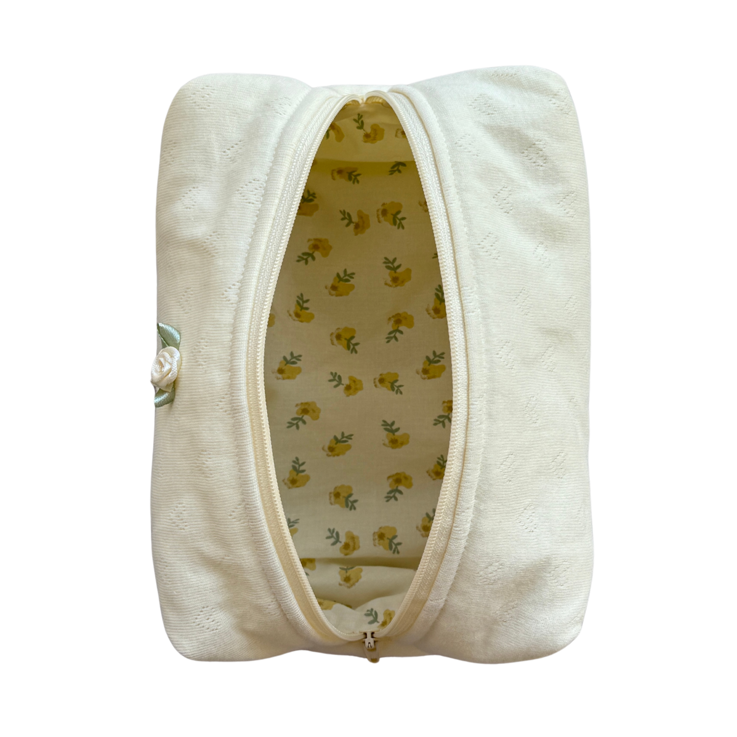 Butter Angle yellow Knit Heart Makeup Pouch, interior view showing space for daily makeup and small essentials, Colorcarry