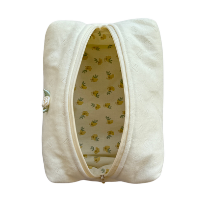 Butter Angle yellow Knit Heart Makeup Pouch, interior view showing space for daily makeup and small essentials, Colorcarry