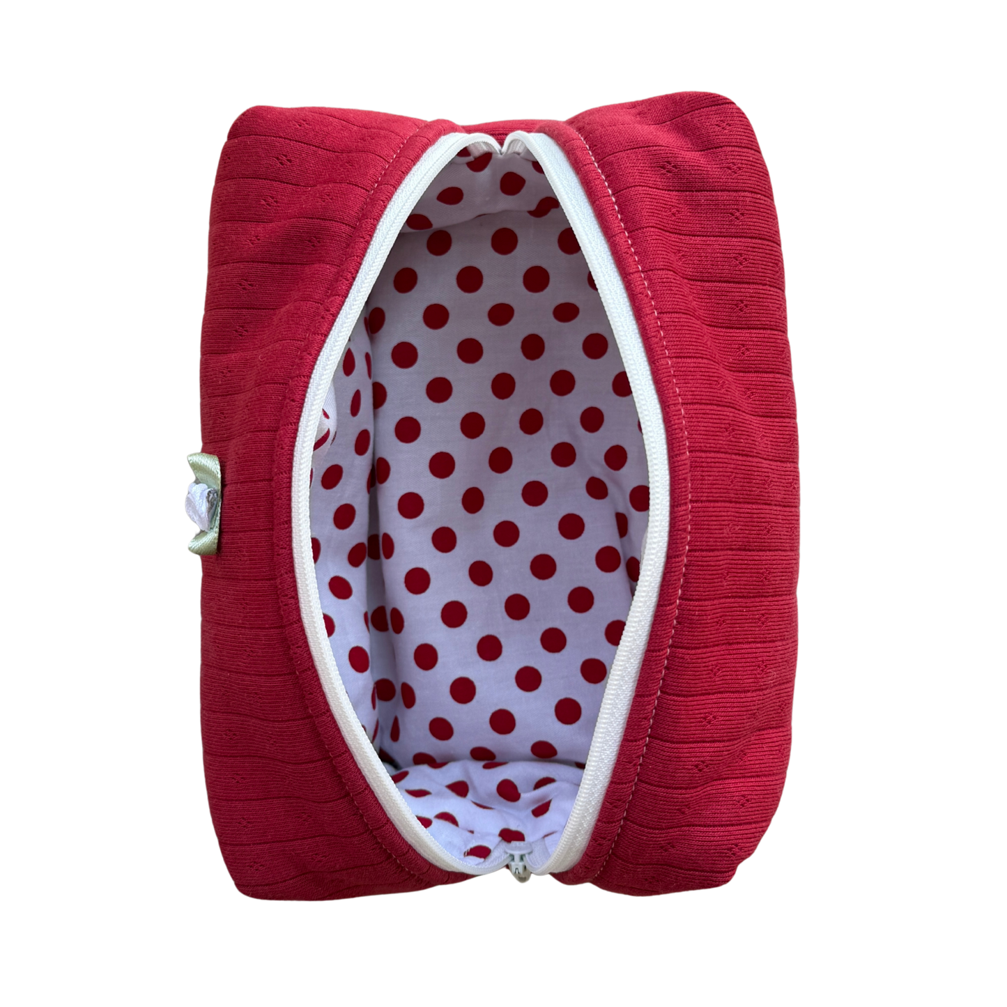 Soft Rib Knit Makeup Pouch in deep red, interior view with white and red polka dot lining, Colorcarry