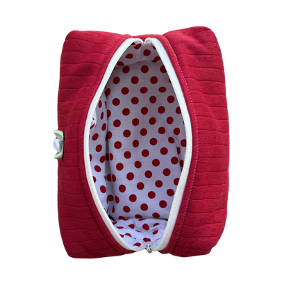 Soft Rib Knit Makeup Pouch in deep red, interior view with white and red polka dot lining, Colorcarry
