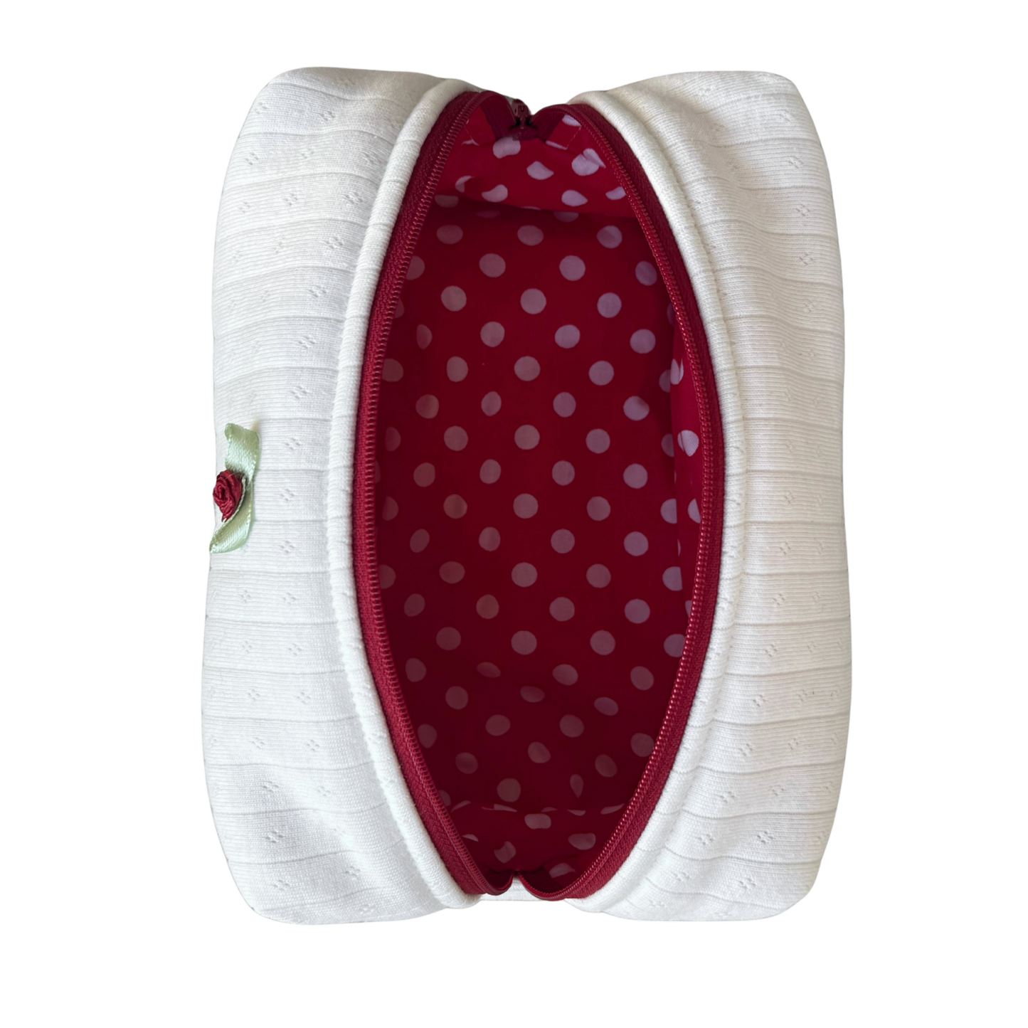 White Soft Rib Knit Makeup Pouch, interior view showing space for daily makeup and small essentials, Colorcarry