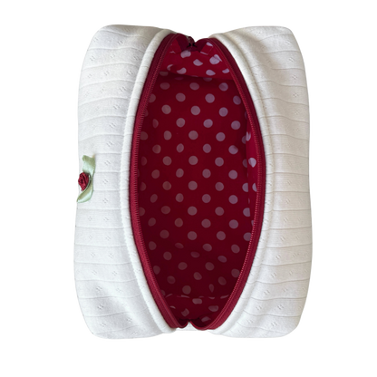 White Soft Rib Knit Makeup Pouch, interior view showing space for daily makeup and small essentials, Colorcarry