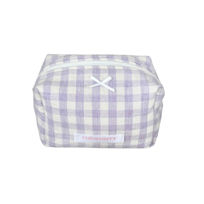 Gingham Cotton Makeup Pouch in purple, small size with gingham pattern, Colorcarry