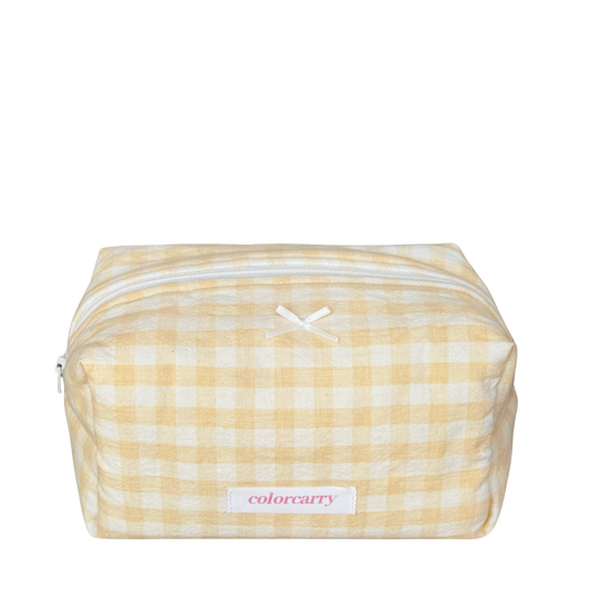 Gingham Cotton Makeup Pouch in yellow with soft gingham pattern, Colorcarry