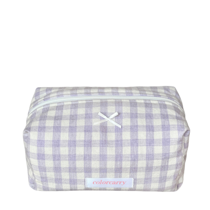 Gingham Cotton Makeup Pouch in purple with soft gingham pattern, Colorcarry